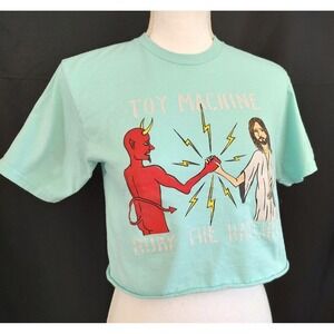 Toy Machine Skateboard  Bury The Hatchet Devil Jesus Aqua Crop T Shirt Women's S